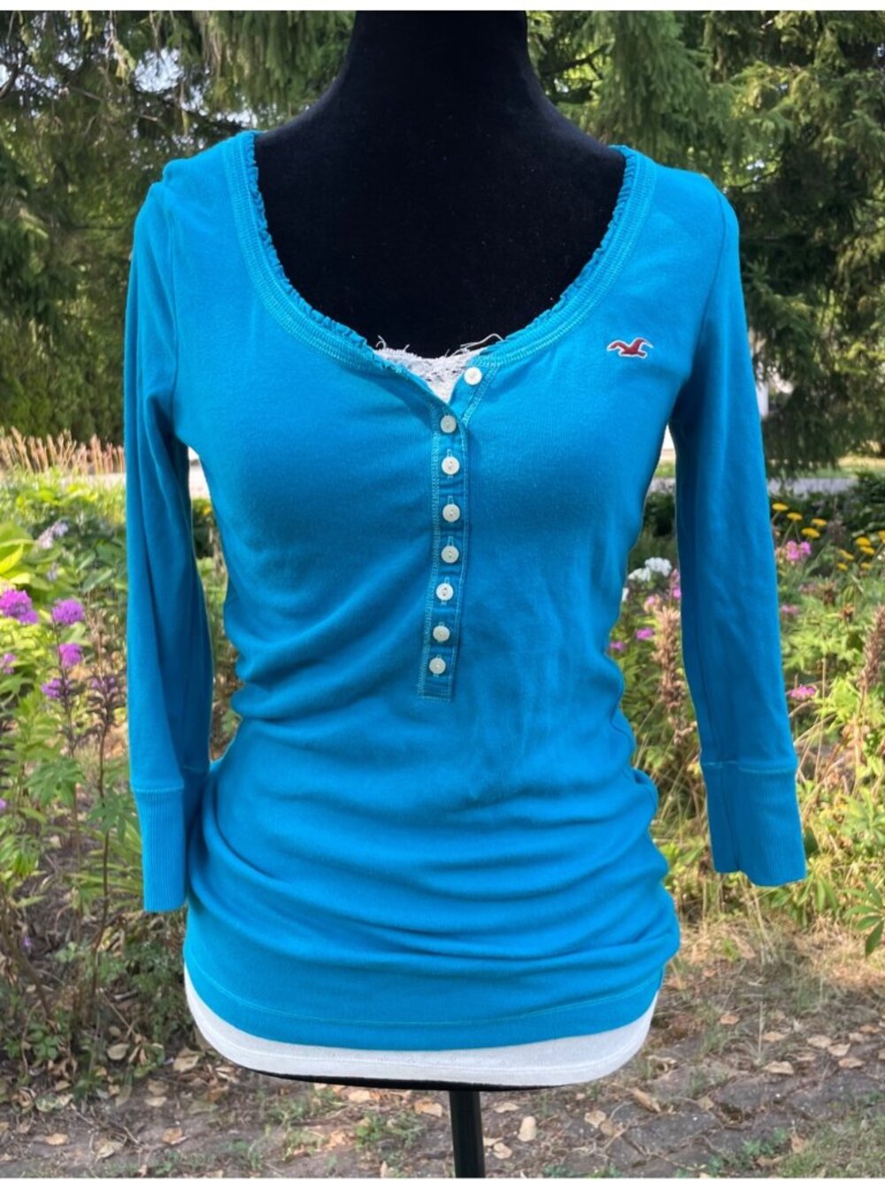 Vintage Y2K Hollister Henley 3/4 Sleeve Blue Bella Swan Twilight RARE Ruffle L